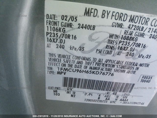 1FMCU96H65KD76776 - 2005 FORD ESCAPE HEV GREEN photo 9