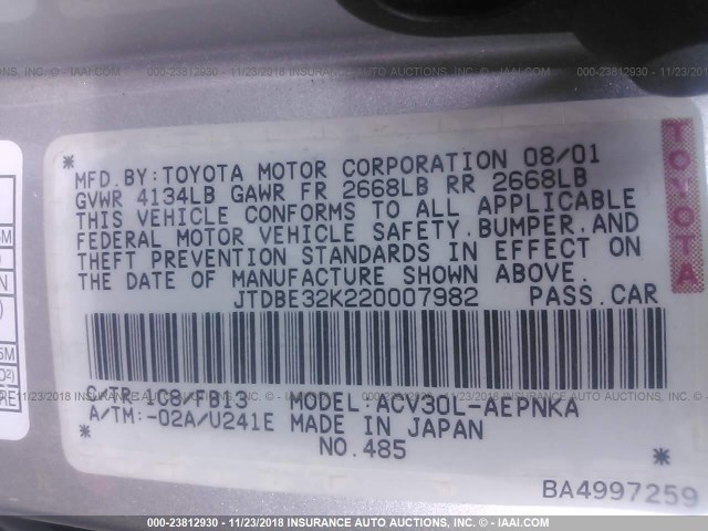 JTDBE32K220007982 - 2002 TOYOTA CAMRY LE/XLE/SE SILVER photo 9