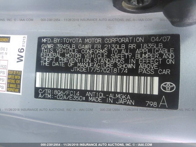 JTKDE177570218174 - 2007 TOYOTA SCION TC 浅蓝色 照片 9