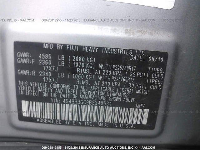 4S4BRBGC9B3340531 - 2011 SUBARU OUTBACK 2.5I PREMIUM SILVER photo 9