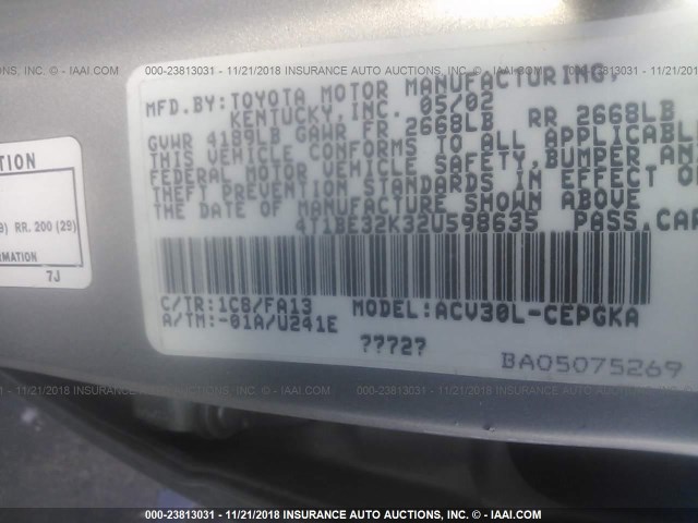 4T1BE32K32U598635 - 2002 TOYOTA CAMRY LE/XLE/SE SILVER photo 9