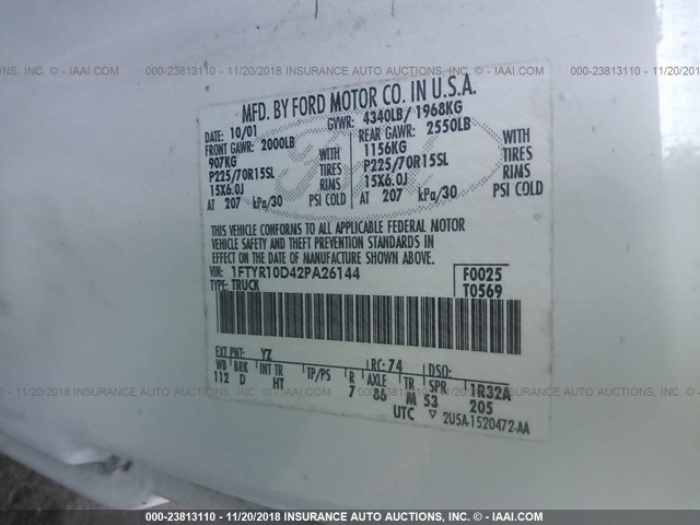 1FTYR10D42PA26144 - 2002 FORD RANGER WHITE photo 9