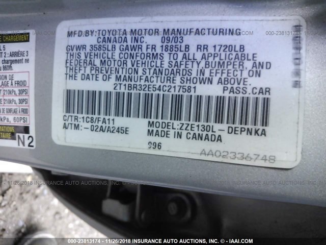 2T1BR32E54C217581 - 2004 TOYOTA COROLLA CE/LE/S SILVER photo 9