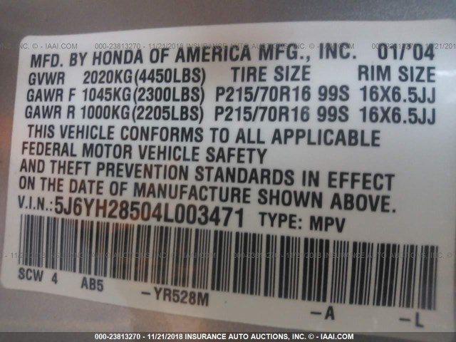 5J6YH28504L003471 - 2004 HONDA ELEMENT EX GOLD photo 9