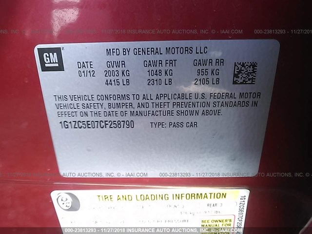 1G1ZC5E07CF258790 - 2012 CHEVROLET MALIBU 1LT RED photo 9