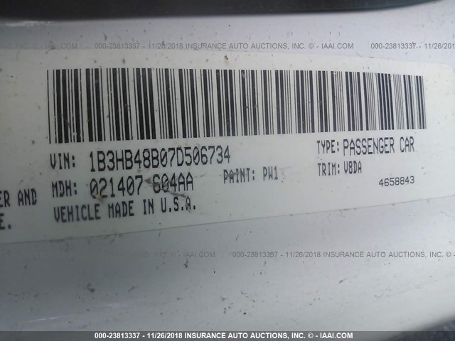 1B3HB48B07D506734 - 2007 DODGE CALIBER SXT WHITE photo 9