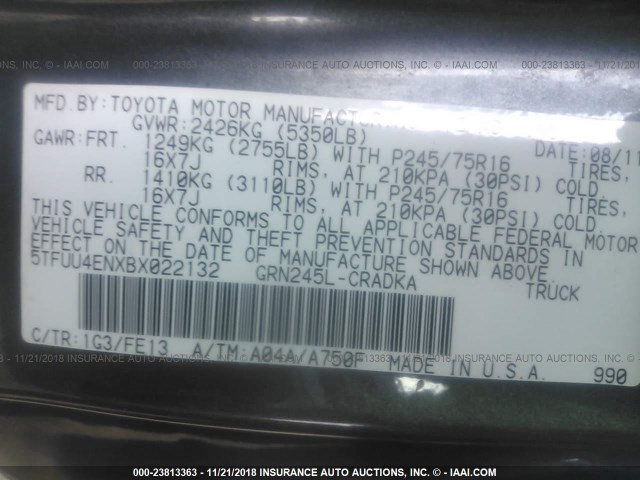 5TFUU4ENXBX022132 - 2011 TOYOTA TACOMA ACCESS CAB ნაცრისფერი ფოტო 9