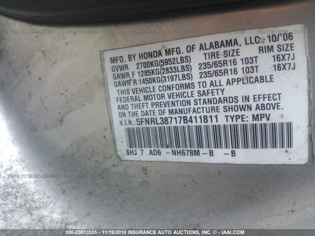 5FNRL38717B411811 - 2007 HONDA ODYSSEY EXL SILVER photo 9