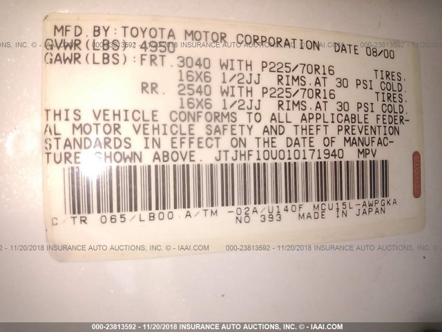 JTJHF10U010171940 - 2001 LEXUS RX 300 WHITE photo 9