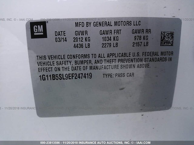 1G11B5SL9EF247419 - 2014 CHEVROLET MALIBU LS WHITE photo 9