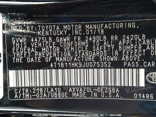 4T1B11HK9JU075352 - 2018 TOYOTA CAMRY L/LE/XLE/SE/XSE BLACK photo 9