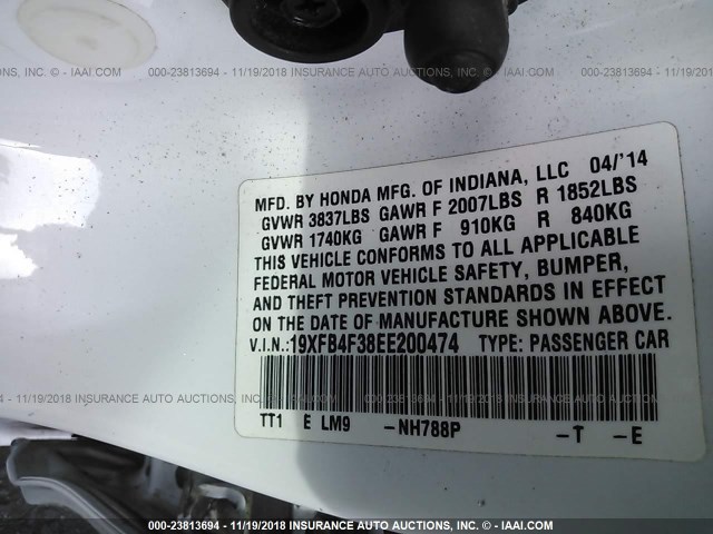 19XFB4F38EE200474 - 2014 HONDA CIVIC HYBRID L WHITE photo 9