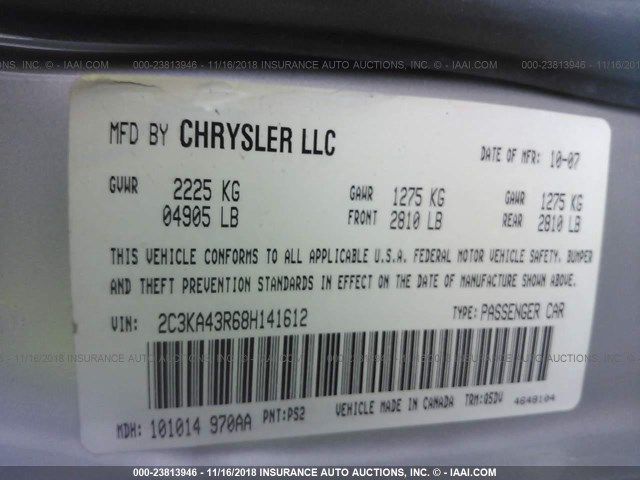 2C3KA43R68H141612 - 2008 CHRYSLER 300 LX SILVER photo 9