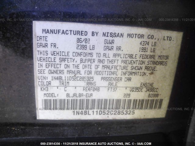 1N4BL11D52C285325 - 2002 NISSAN ALTIMA SE BLACK photo 9