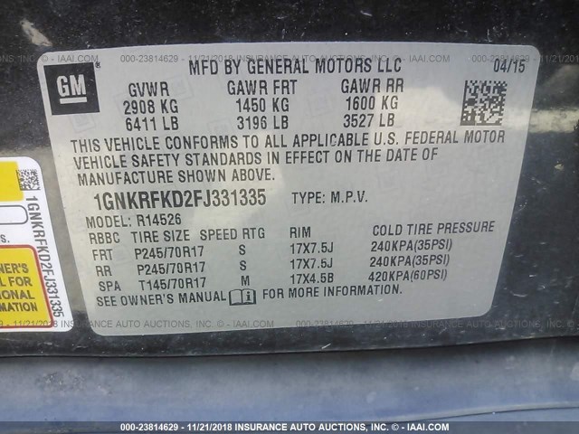 1GNKRFKD2FJ331335 - 2015 CHEVROLET TRAVERSE LS GRAY photo 9