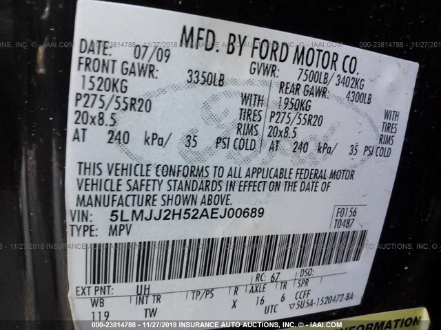 5LMJJ2H52AEJ00689 - 2010 LINCOLN NAVIGATOR BLACK photo 9