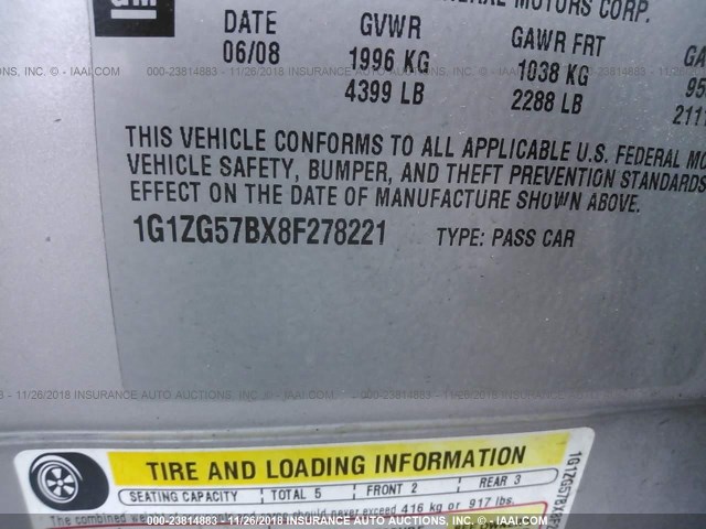 1G1ZG57BX8F278221 - 2008 CHEVROLET MALIBU LS SILVER photo 9