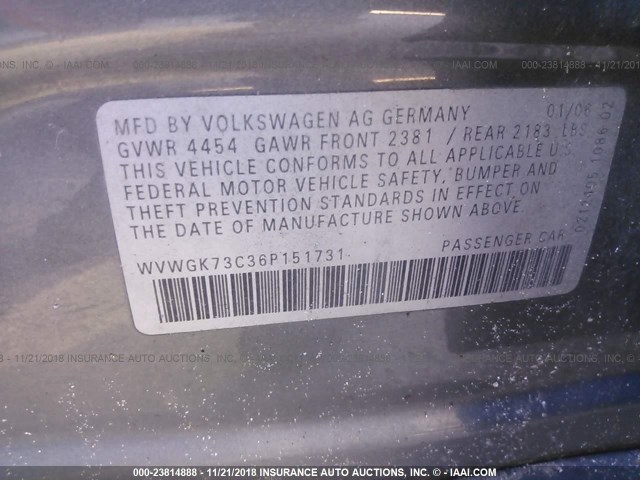 WVWGK73C36P151731 - 2006 VOLKSWAGEN PASSAT 2.0T/2.0T VALUE GRAY photo 9