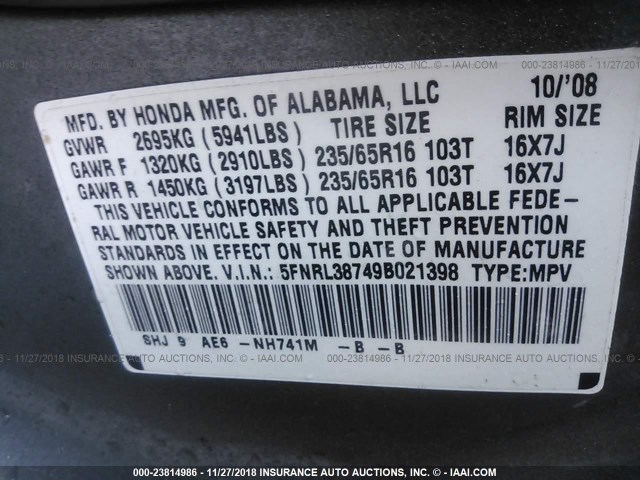 5FNRL38749B021398 - 2009 HONDA ODYSSEY EXL GRAY photo 9