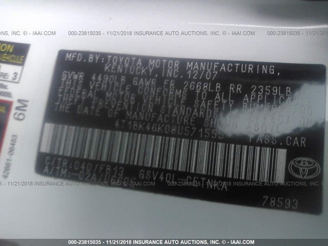 4T1BK46K08U571555 - 2008 TOYOTA CAMRY LE/XLE/SE WHITE photo 9