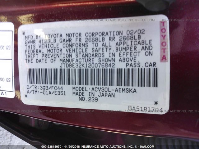 JTDBE32K120076842 - 2002 TOYOTA CAMRY LE/XLE/SE RED photo 9
