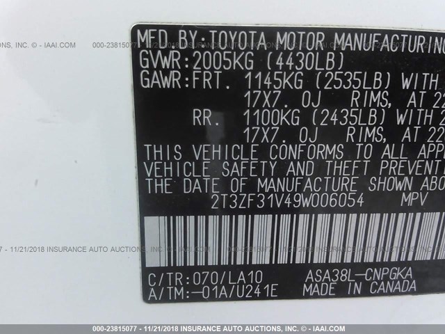 2T3ZF31V49W006054 - 2009 TOYOTA RAV4 LIMITED WHITE photo 9