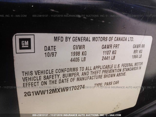 2G1WW12MXW9170274 - 1998 CHEVROLET MONTE CARLO LS 蓝色 照片 9