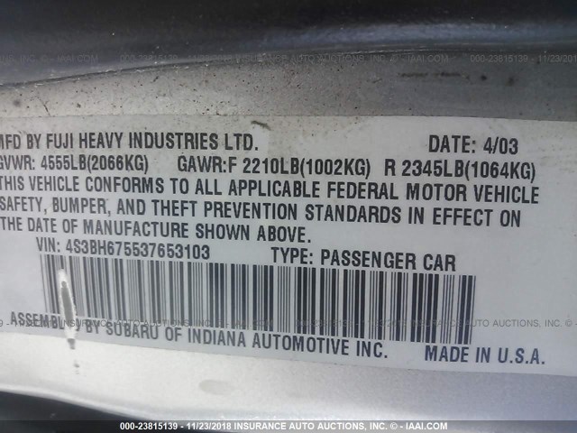 4S3BH675537653103 - 2003 SUBARU LEGACY OUTBACK AWP 银色 照片 9