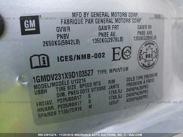 1GMDV231X9D103527 - 2009 PONTIAC MONTANA SV6 SILVER photo 9