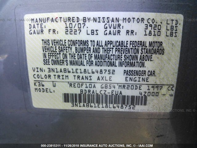 3N1AB61E18L648752 - 2008 NISSAN SENTRA 2.0/2.0S/2.0SL SILVER photo 9