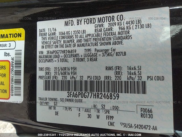 3FA6P0G77HR246859 - 2017 FORD FUSION S BLACK photo 9