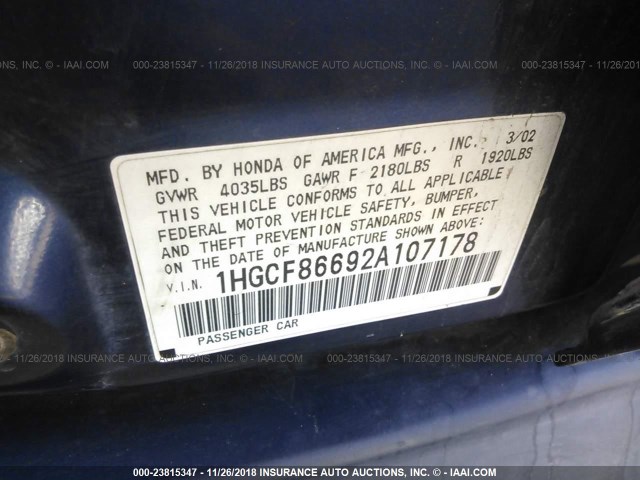 1HGCF86692A107178 - 2002 HONDA ACCORD VALUE BLUE photo 9