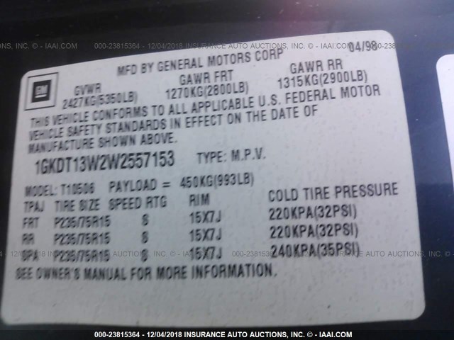 1GKDT13W2W2557153 - 1998 GMC JIMMY BLUE photo 9