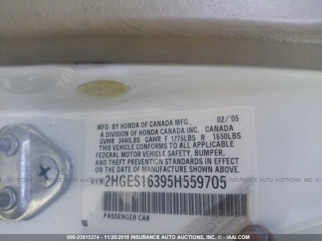 2HGES16395H559705 - 2005 HONDA CIVIC DX VP 白色 照片 9