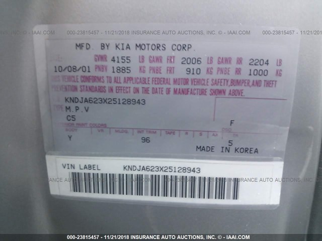 KNDJA623X25128943 - 2002 KIA SPORTAGE SILVER photo 9