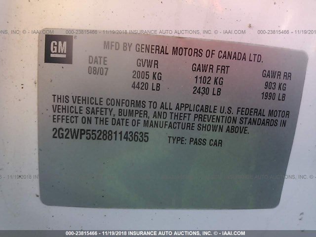 2G2WP552881143635 - 2008 PONTIAC GRAND PRIX WHITE photo 9