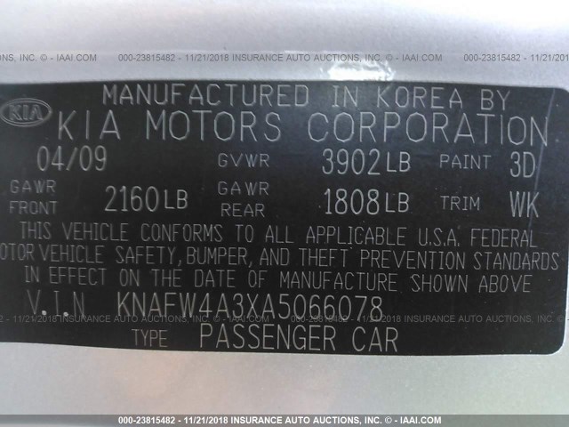 KNAFW4A3XA5066078 - 2010 KIA FORTE SX SILVER photo 9