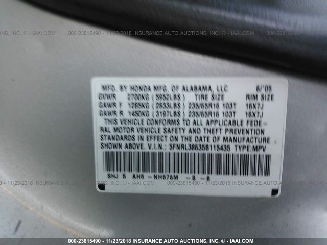 5FNRL38635B115435 - 2005 HONDA ODYSSEY EXL SILVER photo 9