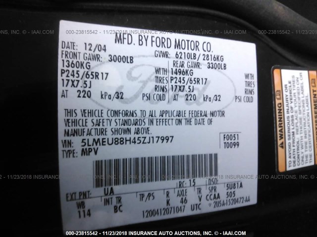 5LMEU88H45ZJ17997 - 2005 LINCOLN AVIATOR 黑色 照片 9