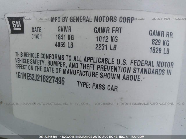 1G1NE52J216227496 - 2001 CHEVROLET MALIBU LS 白色 照片 9