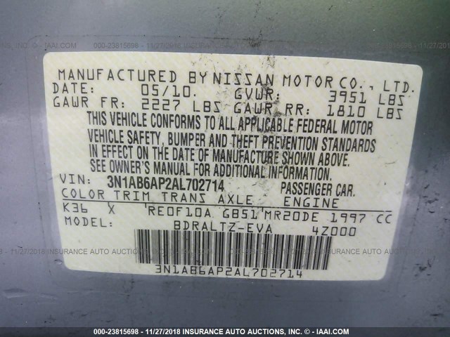3N1AB6AP2AL702714 - 2010 NISSAN SENTRA 2.0/2.0S/SR/2.0SL ვერცხლისფერი ფოტო 9