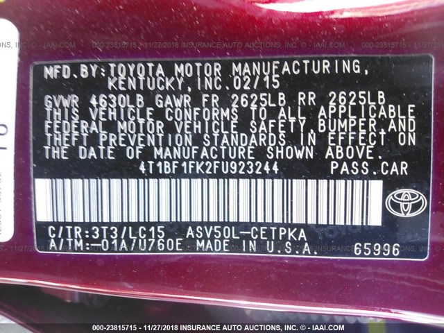 4T1BF1FK2FU923244 - 2015 TOYOTA CAMRY LE/XLE/SE/XSE RED photo 9