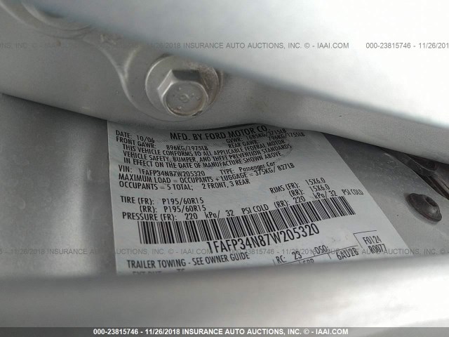 1FAFP34N87W205320 - 2007 FORD FOCUS ZX4/S/SE/SES SILVER photo 9