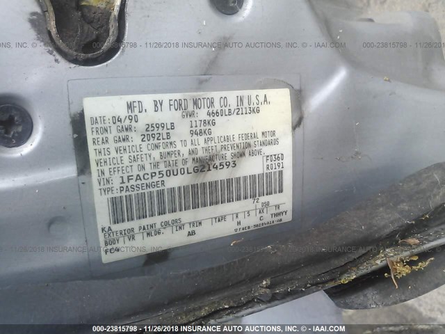 1FACP50U0LG214593 - 1990 FORD TAURUS L BLUE photo 9