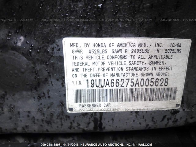 19UUA66275A005628 - 2005 ACURA TL BLACK photo 9