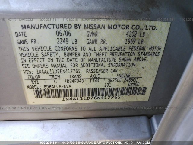 1N4AL11D76N417765 - 2006 NISSAN ALTIMA S/SL SILVER photo 9