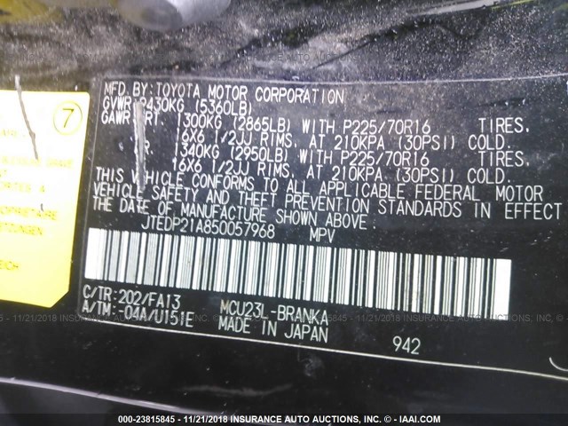 JTEDP21A850057968 - 2005 TOYOTA HIGHLANDER LIMITED BLACK photo 9