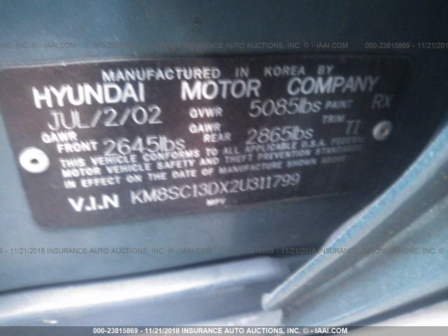 KM8SC13DX2U311799 - 2002 HYUNDAI SANTA FE GLS/LX TEAL photo 9