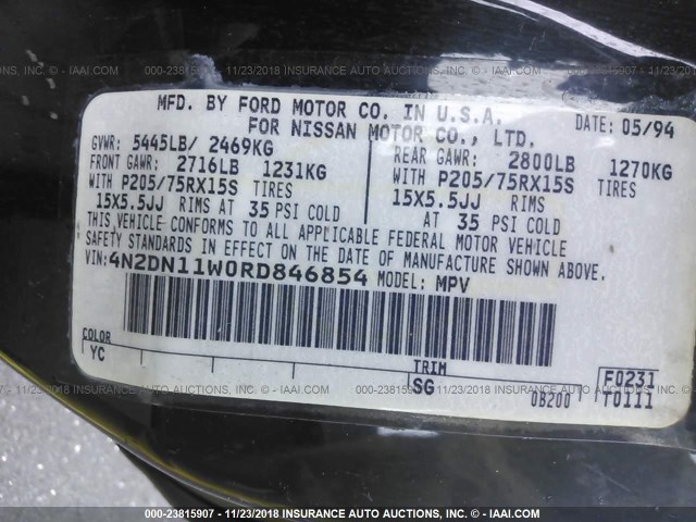 4N2DN11W0RD846854 - 1994 NISSAN QUEST XE/GXE BLACK photo 9