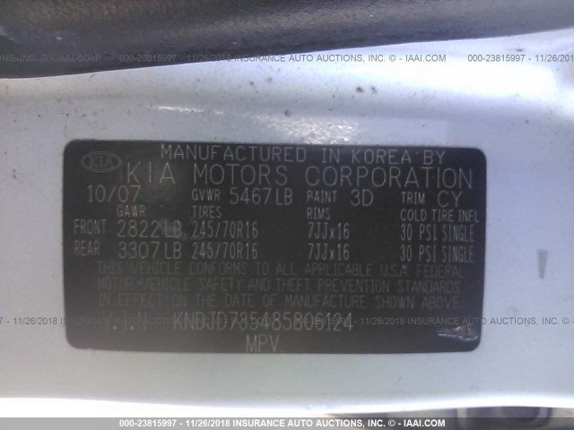 KNDJD735485806124 - 2008 KIA SORENTO EX/LX SILVER photo 9